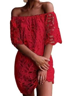 Women's Party Dress Cut Out Dress Cocktail Dress Midi Dress Black White Red Half Sleeve Pure Color Ruched Fall Winter Autumn Off Shoulder Fashion Winter Dress Wedding Guest Birthday 2023 S M L XL -Tesla Style symyyx1696490242943