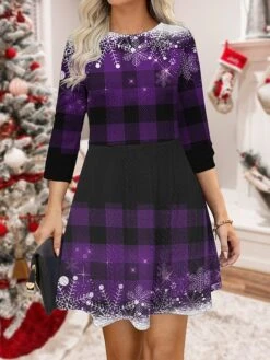 Women‘s Christmas Sweater Dress Jumper Dress Winter Dress Warm Plaid Snowflake Outdoor Christmas Daily Holiday Crew Neck Long Sleeve 2023 Regular Fit Wine Purple Green S M L XL XXL 3XL -Tesla Style syrcis1695620951574