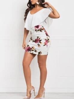 Women‘s Sheath Dress Mini Dress White Wine Navy Blue Sleeveless Print Ruffle Spring Summer V Neck Sexy Slim 2023 S M L XL XXL 3XL 4XL -Tesla Style sytjtx1609321341353