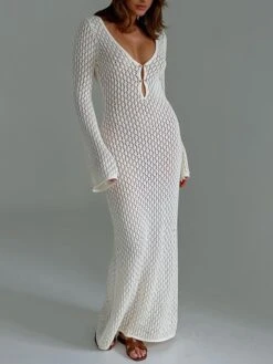 Women's Sweater Dress Winter Dress Jumper Dress Midi Dress Hollow Out Ribbed Outdoor Daily Date Active Fashion V Neck Long Sleeve 2023 Regular Fit White Green Color S M L Size -Tesla Style syujva1692695946206