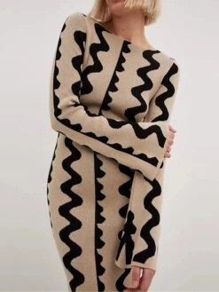 Women's Sweater Dress Winter Dress Jumper Dress Long Dress Maxi Dress Active Stripe Print Outdoor Street Daily Vacation Crew Neck Long Sleeve Print 2023 Slim Black Khaki S M L XL -Tesla Style szcxqa1695111722495