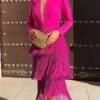 Women's Semi Formal Party Dress Fringe Dress Midi Dress Pink Long Sleeve Pure Color Tassel Fringe Winter Fall Autumn V Neck Stylish Winter Dress Fall Dress 2023 S M L XL XXL -Tesla Style szecak1635414928510