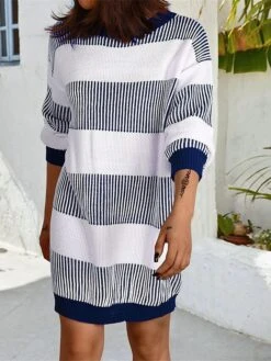 Women's Sweater Dress Winter Dress Jumper Dress Mini Dress Patchwork Outdoor Street Daily Fashion Streetwear Crew Neck Long Sleeve 2023 Loose Fit Wine Khaki Dark Blue Color S M L Size -Tesla Style szjdrw1692095295891