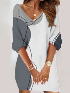 Women's Casual Dress Sweatshirt Dress Summer Dress Geometric Color Block Print V Neck Mini Dress Fashion Streetwear Outdoor Daily 3/4 Length Sleeve Loose Fit Black And White White Dark Gray Summer -Tesla Style szntea1689330498729