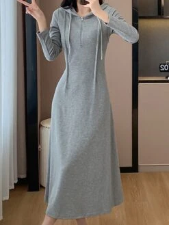 Women's Casual Dress Hoodie Dress Midi Dress Fashion Daily Outdoor Vacation Going Out Hoodie Zipper Solid Color Regular Fit Black Gray S M L XL -Tesla Style szovtr1696674371066