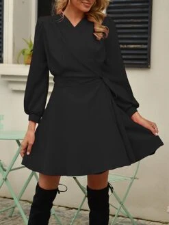 Women's Work Dress Sheath Dress Black Dress Fashion Mini Dress Lace Up V Neck Long Sleeve Plain Regular Fit Black Pink Rose Red Fall S M L XL XXL -Tesla Style szowab1693300574200