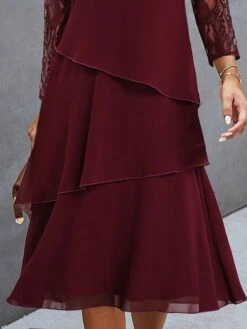 Women's Party Dress Lace Dress Cocktail Dress Midi Dress Wine Navy Blue Long Sleeve Pure Color Lace Spring Fall Winter Crew Neck Fashion Wedding Guest Vacation 2023 S M L XL XXL 3XL -Tesla Style szqvqb1694057373284