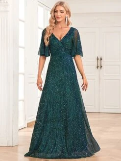 Women's Prom Dress Party Dress Sequin Dress Long Dress Maxi Dress Dark Green Short Sleeve Pure Color Ruched Summer Spring Fall V Neck Formal Wedding Guest Evening Party 2023 S M L XL XXL -Tesla Style tahcfw1697089395471