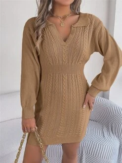 Women's Sweater Dress Winter Dress Jumper Dress Mini Dress Warm Pure Color Outdoor Casual Holiday Vacation V Neck Long Sleeve 2023 Regular Fit Pink Burgundy Green S M L -Tesla Style tbehdm1696926494583
