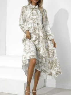 Women's Work Dress Swing Dress Semi Formal Dress Fashion Midi Dress Print Stand Collar Long Sleeve Floral Loose Fit Red Blue Green Fall S M L XL XXL -Tesla Style tbntaw1693300594777