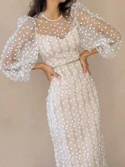 Women's Party Dress Lace Dress Sheath Dress Knee Length Dress White Long Sleeve Pure Color Lace Winter Fall Spring Crew Neck Elegant Winter Dress Birthday Wedding Guest 2023 S M L XL -Tesla Style tbvqwj1617348671200