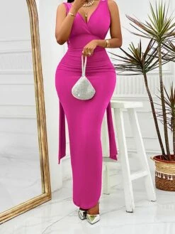 Women's Prom Dress Party Dress Cocktail Dress Long Dress Maxi Dress Red Blue Fuchsia Sleeveless Pure Color Ruched Fall Winter Autumn V Neck Fashion Winter Dress Wedding Guest Evening Party 2023 S M L -Tesla Style tbzfmd1695374687663