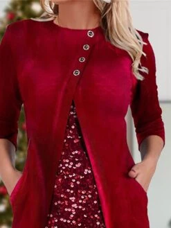 Women's Velvet Dress Party Dress Sequin Dress Midi Dress Wine 3/4 Length Sleeve Pure Color Sequins Spring Fall Winter Crew Neck Fashion Winter Dress Christmas Wedding Guest 2023 S M L XL XXL 3XL -Tesla Style tcctba1697797264099