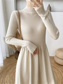 Women's Sweater Dress Jumper Dress Casual Dress Midi Dress Fashion Plain Outdoor Daily Going Out Turtleneck Long Sleeve 2023 Loose Fit Black Apricot One Size -Tesla Style tcmiew1695630303754