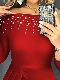 Women's Party Dress Bodycon Sheath Dress Midi Dress Red Blue 3/4 Length Sleeve Pure Color Ruched Summer Spring Off Shoulder Stylish Slim 2023 S M L XL -Tesla Style tdbkjq1661768893746