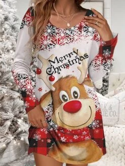 Women‘s Christmas Work Dress Casual Dress Fashion Winter Dress Daily Mini Dress Print Crew Neck Long Sleeve Santa Claus Elk Loose Fit White Wine Rusty Red Fall Winter S M L XL XXL -Tesla Style tdjnml1695103245984