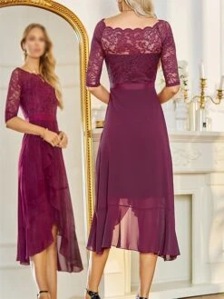 Women's Party Dress Lace Dress Cocktail Dress Midi Dress Pink Navy Blue Fuchsia 3/4 Length Sleeve Pure Color Lace Spring Fall Winter Off Shoulder Fashion Winter Dress Wedding Guest Vacation 2023 S M -Tesla Style tdkjoz1692179134853