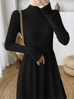 Women's Sweater Dress Jumper Dress Casual Dress Midi Dress Fashion Plain Outdoor Daily Going Out Turtleneck Long Sleeve 2023 Loose Fit Black Apricot One Size -Tesla Style tdkpux1695630305966