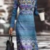 Women's Work Dress Casual Dress Semi Formal Dress Mature Winter Dress Daily Midi Dress Print Crew Neck Long Sleeve Tribal Slim Blue Purple Green Fall Winter S M L XL XXL