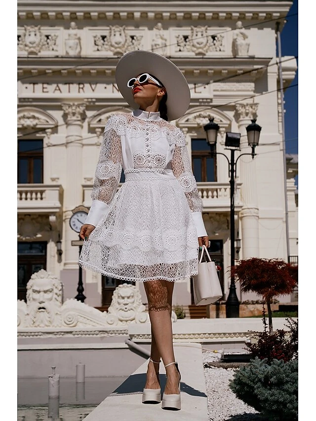 Women's Party Dress Lace Dress Homecoming Dress Mini Dress Black White Long Sleeve Pure Color Lace Summer Spring Fall Stand Collar Fashion Wedding Guest Birthday Vacation Slim 2023 S M L XL 21 Women's Party Dress Lace Dress Homecoming Dress Mini Dress Black White Long Sleeve Pure Color Lace Summer Spring Fall Stand Collar Fashion Wedding Guest Birthday Vacation Slim 2023 S M L XL - Image 19
