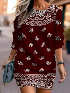 Women's Casual Dress Sweatshirt Dress Mini Dress Warm Fashion Outdoor Vacation Going Out Crew Neck Print Floral Print Loose Fit Black Burgundy Royal Blue S M L XL XXL -Tesla Style tenods1694596720330