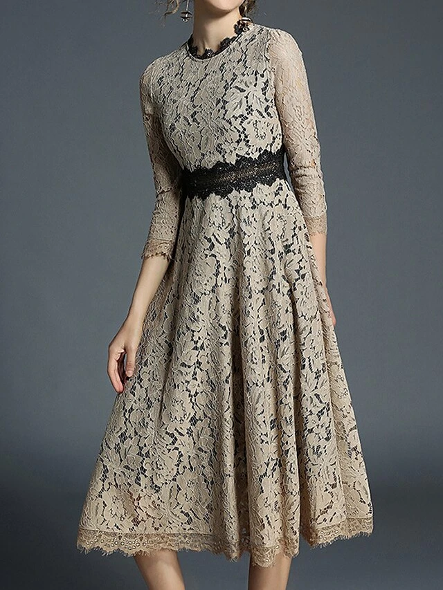 Women's Party Dress Casual Dress Lace Dress Midi Dress Blue Khaki 3/4 Length Sleeve Pure Color Lace Fall Winter Autumn Crew Neck Fashion Vacation 2023 S M L XL XXL 3XL 4XL 5XL 5 Women's Party Dress Casual Dress Lace Dress Midi Dress Blue Khaki 3/4 Length Sleeve Pure Color Lace Fall Winter Autumn Crew Neck Fashion Vacation 2023 S M L XL XXL 3XL 4XL 5XL - Image 3