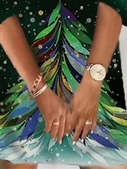 Women‘s Christmas Sweatshirt Dress Winter Dress Short Mini Dress Green Purple 3/4 Length Sleeve Tree Print Fall Winter V Neck Vacation Casual 2022 S M L XL XXL 3XL -Tesla Style teuuiy1663755261925