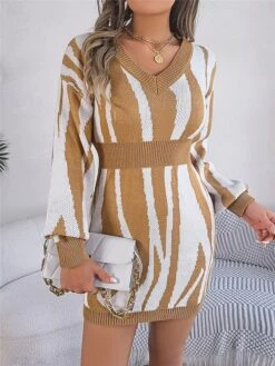 Women's Sweater Dress Winter Dress Jumper Dress Mini Dress Warm Stripe Outdoor Casual Holiday Vacation V Neck Long Sleeve Patchwork 2023 Loose Fit Green Khaki Rose Red S M L -Tesla Style tevgzb1696926513091