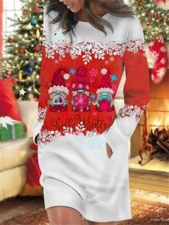 Women's Christmas Casual Dress Sweatshirt Dress Mini Dress Warm Fashion OutdoorHoliday Crew Neck Pocket Print Santa Claus Snowflake Loose Fit Burgundy Blue Green S M L XL XXL -Tesla Style tfbcge1695644566356