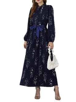 Women's Party Dress Cocktail Dress Wedding Guest Dress Long Dress Maxi Dress Blue Dark Blue Long Sleeve Flower Lace Up Fall Winter Autumn Crew Neck Fashion Winter Dress Wedding Guest Vacation 2023 S -Tesla Style tfbjgi1695111594083