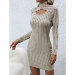 Women's Sweater Dress Winter Dress Jumper Dress Mini Dress Cut Out Outdoor Street Daily Fashion Sexy Turtleneck Long Sleeve 2023 Slim Khaki Color S M L XL XXL Size -Tesla Style tffqft1692352999027