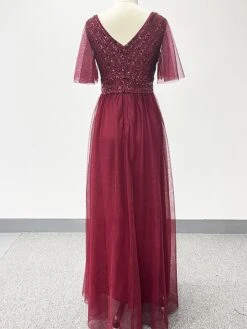 Women‘s Christmas Prom Dress Party Dress Sequin Dress Long Dress Maxi Dress Wine Short Sleeve Pure Color Sparkly Glitter Sequins Fall Winter Autumn V Neck Fashion Wedding Guest Birthday Evening Party -Tesla Style tflhty1693376311336