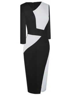 Women's Work Dress Sheath Dress Semi Formal Dress Fashion Midi Dress Patchwork V Neck 3/4 Length Sleeve Color Block Regular Fit Black Red Navy Blue Fall Winter S M L XL XXL -Tesla Style tfysnm1692610644040