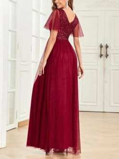 Women‘s Christmas Prom Dress Party Dress Sequin Dress Long Dress Maxi Dress Wine Short Sleeve Pure Color Sparkly Glitter Sequins Fall Winter Autumn V Neck Fashion Wedding Guest Birthday Evening Party -Tesla Style tgrnww1693376302228