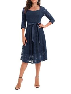 Women's Party Dress Lace Dress Vintage Dress Midi Dress Black Wine Navy Blue 3/4 Length Sleeve Pure Color Lace Summer Spring Fall Square Neck Fashion Wedding Guest Birthday Vacation 2023 S M L XL XXL -Tesla Style tguigw1671444178359
