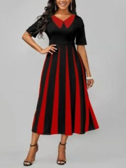 Women's Work Dress A Line Dress Fashion Office Daily Midi Dress Print Lapel Short Sleeve Stripe Regular Fit Black Wine Dark Blue Fall Winter S M L XL XXL -Tesla Style thazmq1697098983226