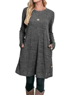 Women's Work Dress Casual Dress A Line Dress Fashion Daily Mini Dress Button Pocket Crew Neck Long Sleeve Plain Loose Fit Black Pink Gray Fall Winter S M L XL XXL -Tesla Style thfsco1697185371214