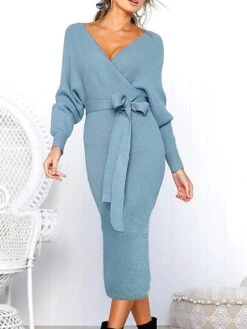 Women's Sweater Dress Winter Dress Jumper Dress Midi Dress Lace Up Split Daily Date Going Out Active Fashion V Neck Long Sleeve 2023 Regular Fit Black Yellow Fuchsia Color S M L XL XXL Size -Tesla Style thgutc1692857082433