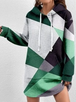 Women's Casual Dress Hoodie Dress Winter Dress Geometric Color Block Pocket Print Hooded Mini Dress Fashion Streetwear Outdoor Daily Long Sleeve Loose Fit Blue Purple Green Fall Winter S M L XL XXL