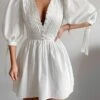 Women's Work Dress Casual Dress White Dress Fashion Daily Puff Sleeve Mini Dress Ruched Button V Neck 3/4 Length Sleeve Plain Regular Fit White Fall Winter S M L