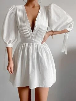 Women's Work Dress Casual Dress White Dress Fashion Daily Puff Sleeve Mini Dress Ruched Button V Neck 3/4 Length Sleeve Plain Regular Fit White Fall Winter S M L