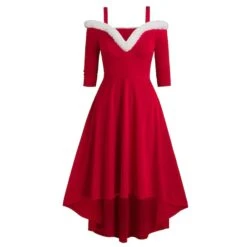 Women's Christmas Swing Dress Party Dress Midi Dress Red Half Sleeve Santa Claus Cold Shoulder Plus High Low Faux Fur Trim Winter Fall V Neck Vintage Elegant Sexy Party Christmas 2022 S M L XL XXL -Tesla Style tiktbt1630917698555