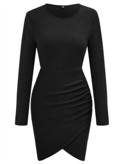 Women's Sweater Dress Winter Dress Jumper Dress Mini Dress Ruched Asymmetrical Outdoor Street Daily Fashion Streetwear Crew Neck Long Sleeve 2023 Slim Black Green Apricot Color S M L XL Size -Tesla Style tilflt1694594492590