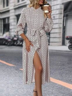 Women's Work Dress Casual Dress Swing Dress Fashion Office Daily Workfashion Midi Dress Lace Up Button Shirt Collar Long Sleeve Print Loose Fit Apricot Fall Winter S M L XL -Tesla Style tiyfzj1695096214066