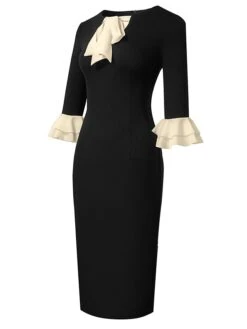 Women's Work Dress Sheath Dress Semi Formal Dress Fashion Midi Dress Lace Up Ruffle Crew Neck Long Sleeve Color Block Regular Fit Black Dark Blue Fall Winter S M L XL XXL -Tesla Style tjgyvw1693374194113