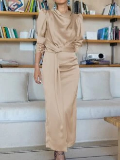 Women's Work Dress Satin Dress Semi Formal Dress Fashion Long Dress Maxi Dress Split Stand Collar Long Sleeve Plain Regular Fit Black Blue Sky Blue Fall Winter S M L XL -Tesla Style tjihfi1692761647924