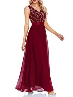 Women‘s Prom Dress Party Dress Sequin Dress Long Dress Maxi Dress Wine Sleeveless Geometric Sequins Sparkly Glitter Fall Winter Autumn V Neck Fashion Wedding Guest Evening Party Vacation 2023 -Tesla Style tjrguf1693535456865