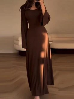 Women's Work Dress Casual Dress A Line Dress Fashion Winter Dress Daily Flared Sleeve Long Dress Maxi Dress Patchwork Crew Neck Long Sleeve Plain Regular Fit Black Pink Purple Fall Winter S M L XL -Tesla Style tkbjxy1697003397578