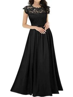 Women's Prom Dress Party Dress Lace Dress Long Dress Maxi Dress Black Wine Navy Blue Short Sleeve Pure Color Lace Summer Spring Fall Crew Neck Party Wedding Guest Vacation Fall Dress 2023 S M L XL 2XL -Tesla Style tkbmkn1672828174306