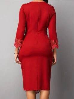 Women's Work Dress Sheath Dress Semi Formal Dress Fashion Office Daily Workfashion Midi Dress Lace Patchwork Crew Neck 3/4 Length Sleeve Plain Slim Red Blue Purple Fall Winter S M L XL XXL -Tesla Style tkkdwd1695030988167
